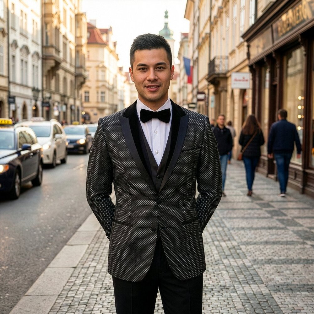 New 2026 Mens 3pc Micro Dot Black Suit Set, Slim Fit